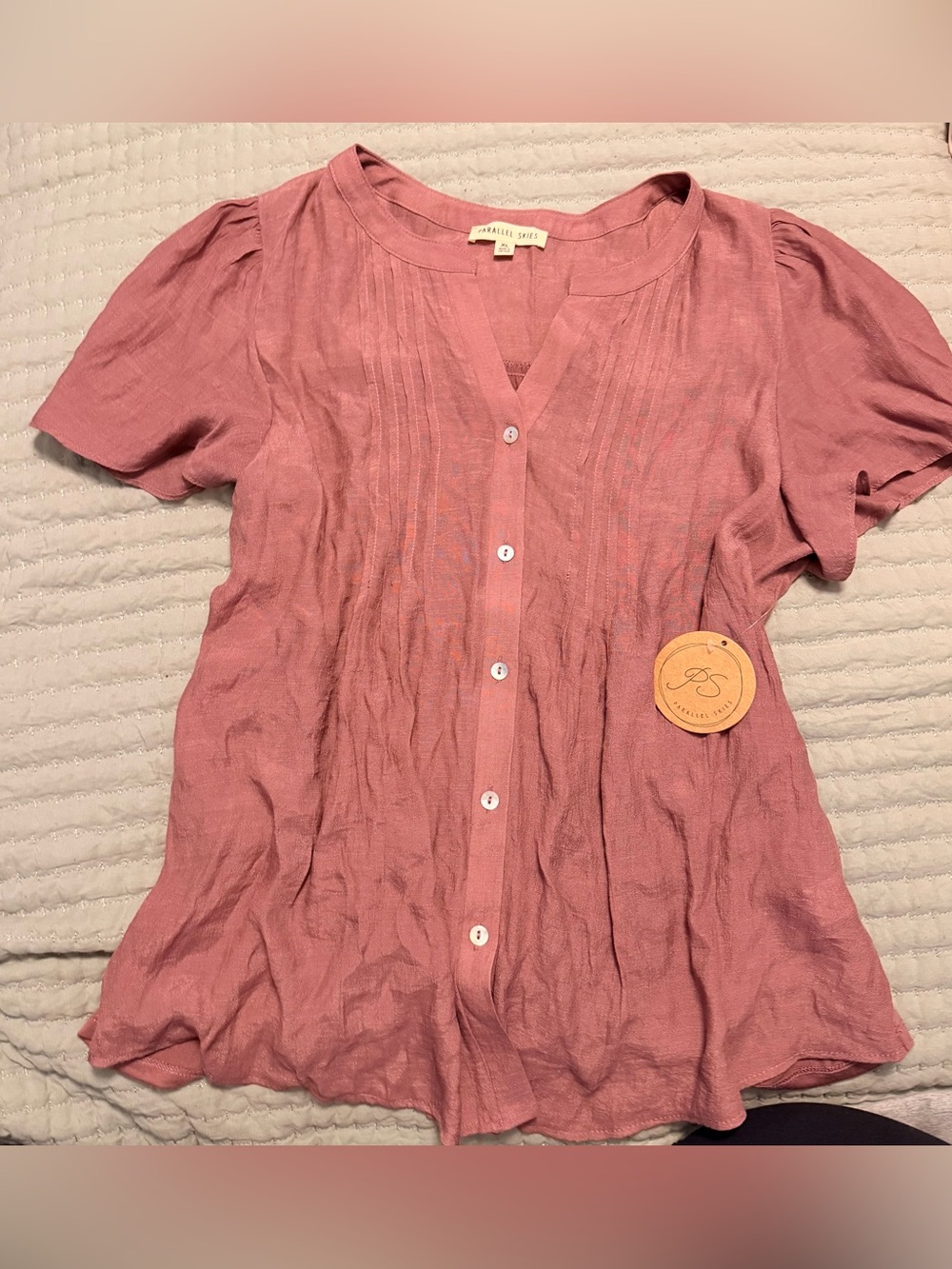 Short-Sleeve Button Front Blouse in Dusty Rose